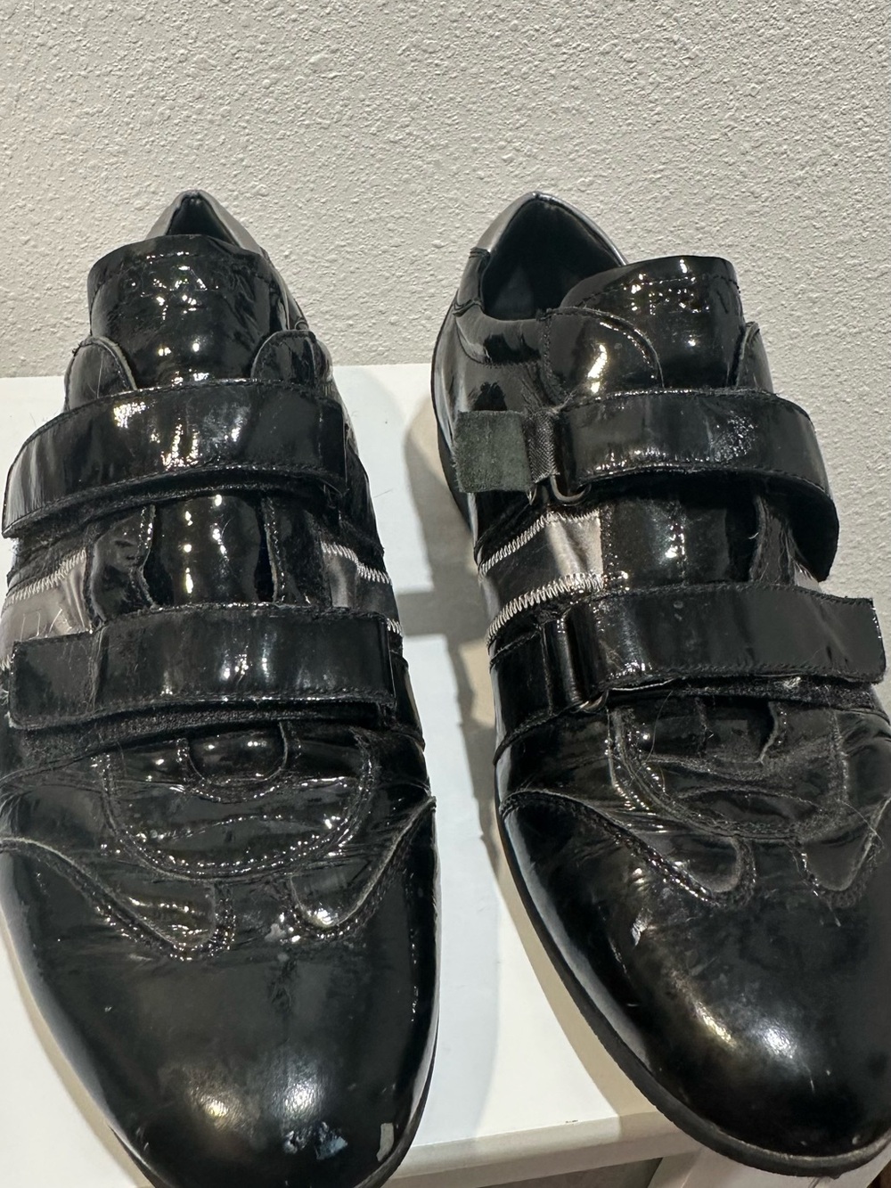 Prada Black Patent Leather Velcro Loafers with Silver Accent - Picture 2 of 4